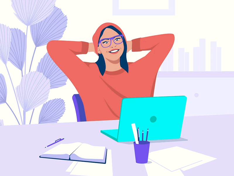 Feel good GIF animation character desk feel good freelance gif happy illustration laptop loop office realistic relax smile vector woman work