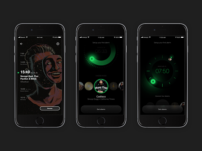 Spotify alarm clock screens alarm app blackandgreen design graphic music phone sketch spotify ui ux work