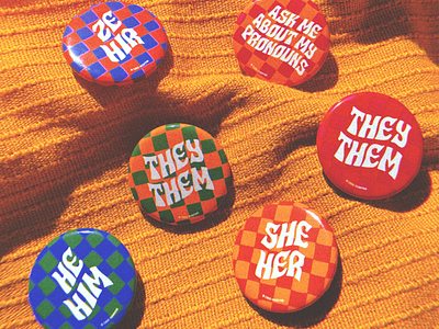 Pronoun pins, 2021 1970s 70s gay graphic design illustration lettering merchandise pin button pronouns psychedelic queer trippy typography vector