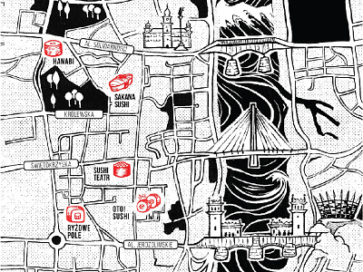Sushi map illustration black bridge car city food illustration ink love map marzec river sushi town warsaw
