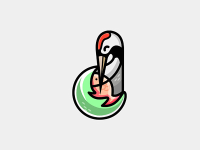 Crane illustration logo bird colorful crane domek eat fish food green illustration logo marzec sushi