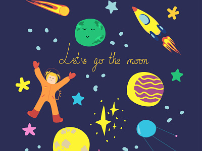 Let's go the moon asteroids astronaut child children picture cosmos deep design flight graphic design illustration moon planets rocket space stars universe vector