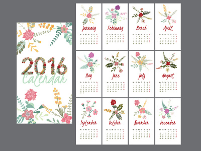 Template page calendar for 2016. 2016 art bouquet calendar card celebration date decorative design drawn