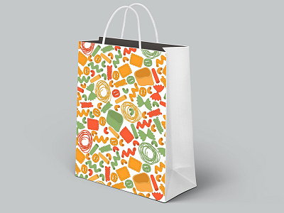 Bag with a print with different kinds of pasta bag branding design food illustration italy kitchen meal noodles pasta pattern vector