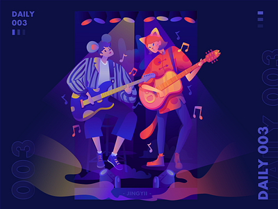 Jingyii's Daily 003 band boy cat daily girl guitar illustration mouse music night practice
