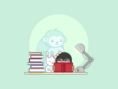 Imaginary Friends book desk girl glasses green illustration light monkey rabbit read yeti