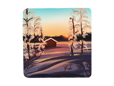 Winter landscape cottage digitalart digitalarts down freeze freezing house snow sunset trees winter