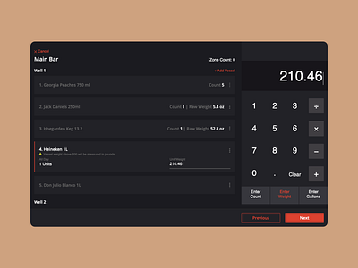 Bar Inventory Calculator app black calculate calculator cards clean dark design johny vino ui ux web