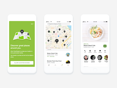Food App android cards clean clean ui employee finder food green illustration johny vino list locate map menu onboarding restaurant uiux white