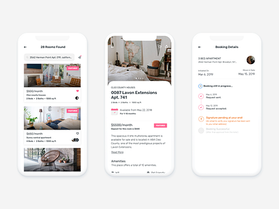 Room Finder App android apartment app booking building cards clean finder home johny vino pink room roommate ui uiux white