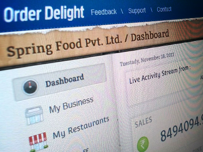 OrderDelight Business section dashboard