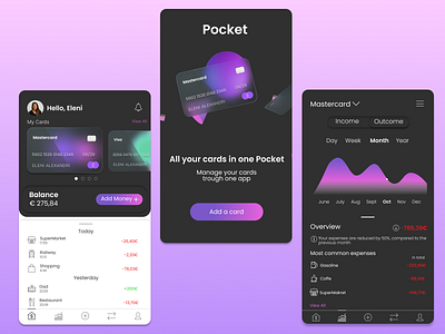 Pocket App app design debit card design design thinking glass effect master card mobile app product design uiux