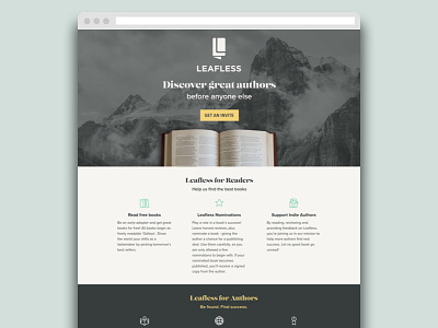 Leafless Landing Page beta landing page book coming soon grey landing page leafless mountain open book publishing signup page startup