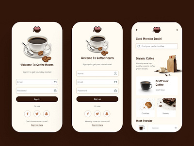 COFFEE SHOP MOBILE SIGN UP/SIGN IN AND HOME SCREENS branding design graphic design home logo mobile product design screen sign sign in sign in screen sign up screen signup ui ux