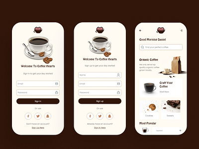 COFFEE SHOP MOBILE SIGN UP/SIGN IN AND HOME SCREENS