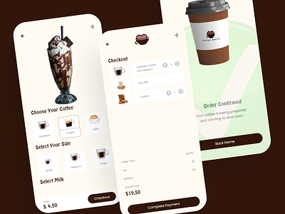 COFFEE SHOP CART, CHECKOUT AND CONFIRMATION ORDER SCREENS branding checkout screen coffee confirmation screen design graphic design mobile order product design ui ux design