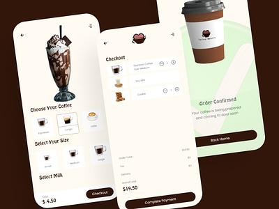 COFFEE SHOP CART, CHECKOUT AND CONFIRMATION ORDER SCREENS