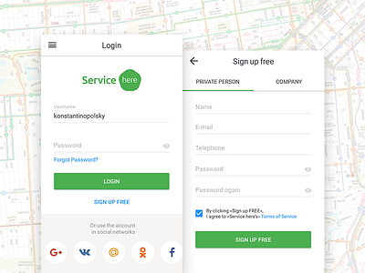 Login & Sign Up screens android app app green login material design service app sign up ui