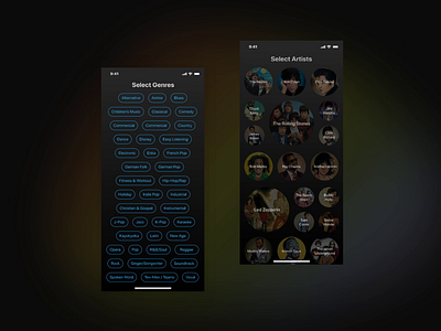 Music App | Select Genres and Artists concept dark ui minimal ui mobile app mobile grid music music app principle selection tags