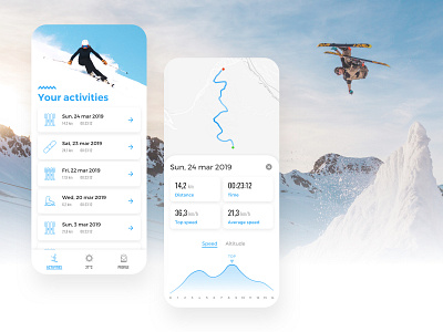 Winter sports tracker app activities android app design designer graphic ios mobile mobile app route sketch ski snow snowboard sport ui user interface ux uxui vector