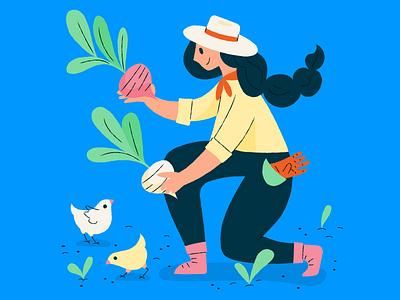 Farm chicks eggs farm gardening illustration lady turnips