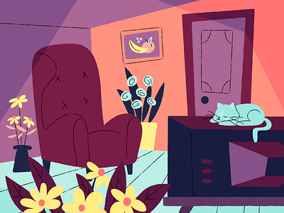 Don't forget to go outside! cat flowers illustration indoors sitting inside all day snoozing cat television tv