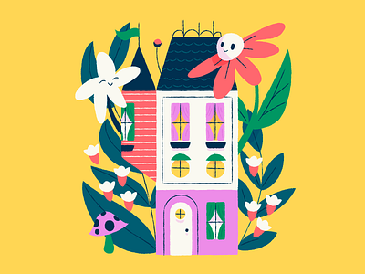 Stay at Home Series 2 bright faces on things flowers house houses illustration pink red stay at home yellow