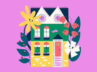 Stay at Home Series 3 bright fauna flora flowers house illustration pink red stay at home yellow
