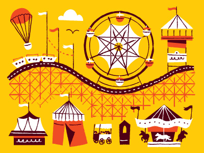 Roller coasters and things illustration purple red roller coasters theme parks yellow