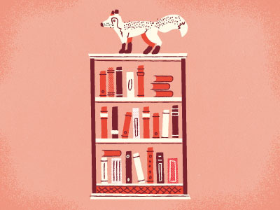 It's a fox on a bookshelf books bookshelves four legs foxes foxes on things illustration shelves