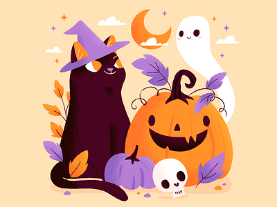 Happy Halloween! cats ghosts halloween illustration orange pumpkin purple skull spooooooookies