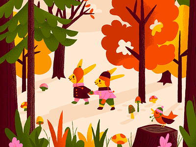 I'm ready for autumn! autumn bunnies illustration leaves mushrooms trees warm