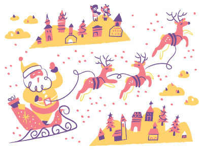Merry Christmas! flying illustration lil kids pink reindeer santa waving