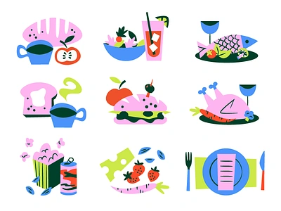 Asana Culinary bread carrots food green cheese icons illustration plates popcorn snacks turkey