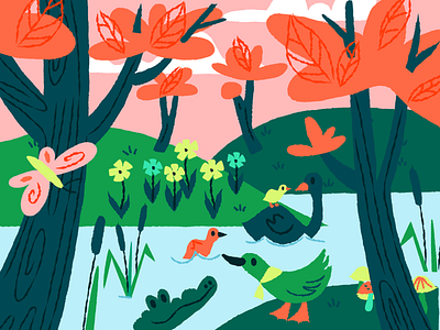 Nature bright colors butterfly crocodile ducks forest illustration mushrooms nature pink pink sky
