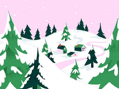 Snow! holiday illustration pink snow trees winter
