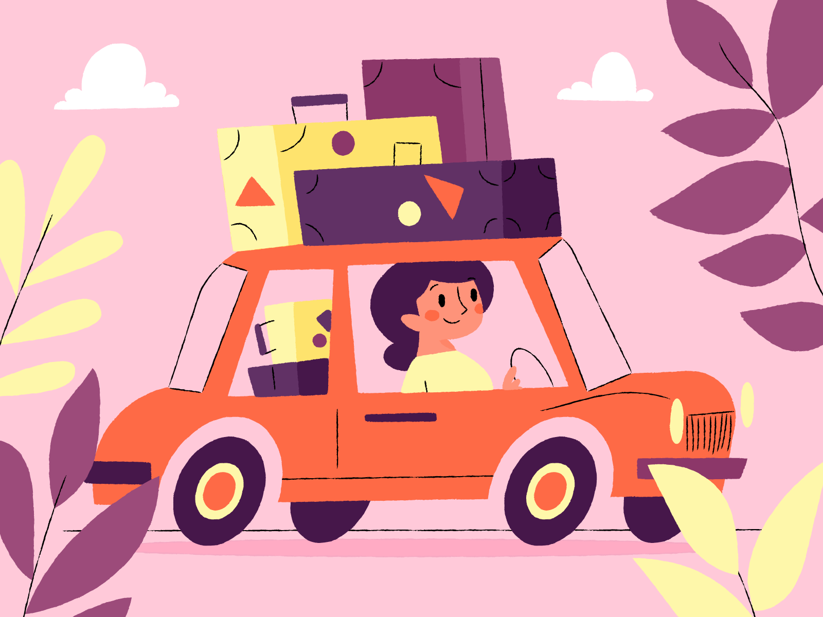 Moving card driving luggage pink car moving illustration