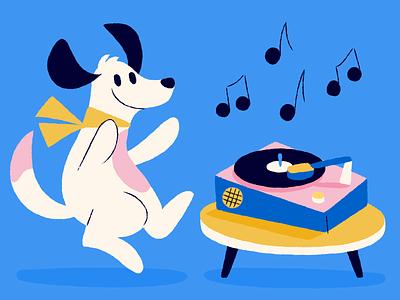 Dog Day blue dancing dog illustration music record player
