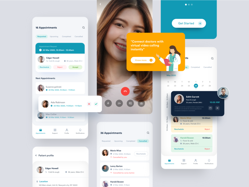 Doctor Appointmens schedule video calls schedules card design virtual video video calling minimal design landing page app design medial bookings appointments doctor