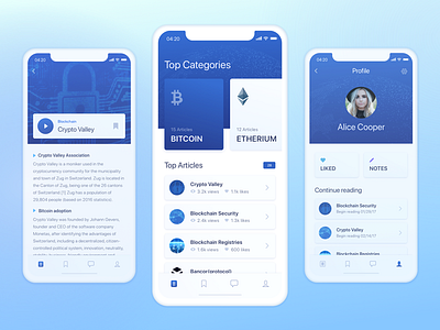 Mobile App Design for Knowledge Sharing Platform application article blockchain clean info ios mobile overview ui user profile ux zajno