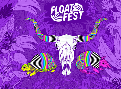 Float Festival Branding armadillo branding branding design cow skull design illustration logo music music festival purple skull texas turtle