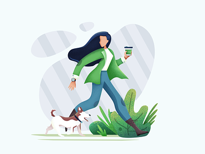 Day1 - Spring morning walking cartoon coffee dog girl green illustraion noise people plant run scatter spring tree walk walking