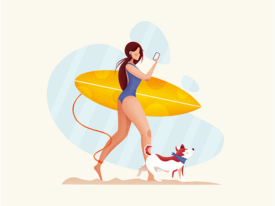 Summer surfing with a dog beach beaty cartoon dog girl illustration phone sea summer sunny surfing women yellow