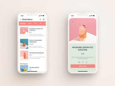 Daily UI 043 : Food/Drink Menu 100daysofdesign blue branding checkout cocktail dailyui day043 design drink food green ios menu mobile order pink shopping summer ui