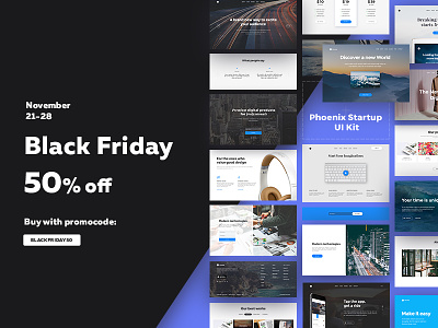 Black Friday Phoenix Startup 50% off black friday css html landing page phoenix startup prototyping responsive ui ui kit web design