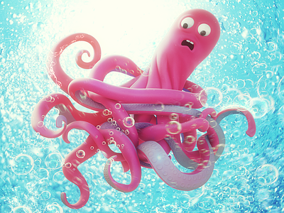 Alborocto 3d animation bubble cartoon illustration low lowpoly octopus sea toon water