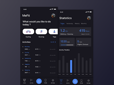 Fitness App - Dark UI activity black dark design fitness freebies mefit statsstics ui ux