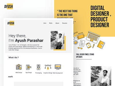 Ayush Parashar - My Portfolio Web Design graphics design iconography inspiration mini icons minimal portfolio portfoliowebsite typography ui ux design web web design white yellow