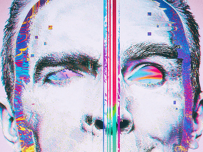 Glitch-head 80s colorful face futuristic glitch art head mask matrix neon poster retro