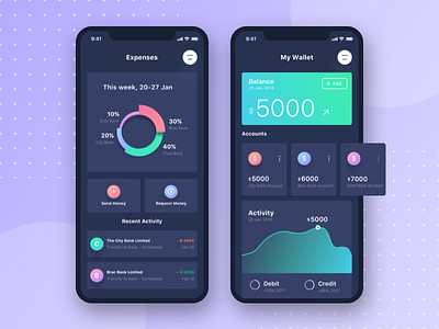 Banking App UI (Dark Version) bank banking card cards contacts dark finance financial ios iphonex send money transactions